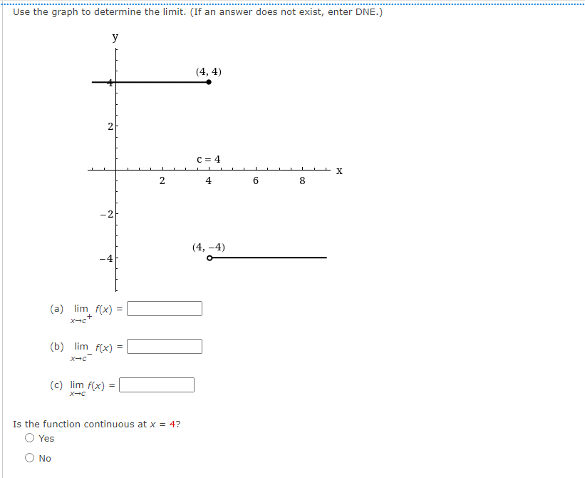 Use the graph to determine the limit. (If an answer does not exist, enter DNE.)
y
2
-2
(a) lim f(x):
=
+
X-C
(b) lim f(x):
=
X→C
(c) lim f(x) =
X→C
2
Is the function continuous at x = 4?
O Yes
No
(4,4)
C = 4
4
(4, -4)
00
X