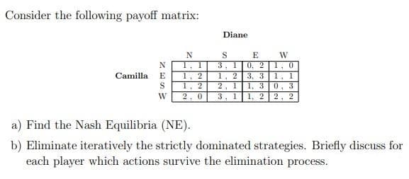 Consider the following payoff matrix:
Diane
E
W
1, 1
1, 2
1, 2
2, 0
3
0. 2
3. 3
1, 3
1, 2
1, 0
1. 1
0, 3
2, 2
Camilla.
E
2, 1
3, 1
W
a) Find the Nash Equilibria (NE).
b) Eliminate iteratively the strictly dominated strategies. Briefly discuss for
each player which actions survive the elimination process.
