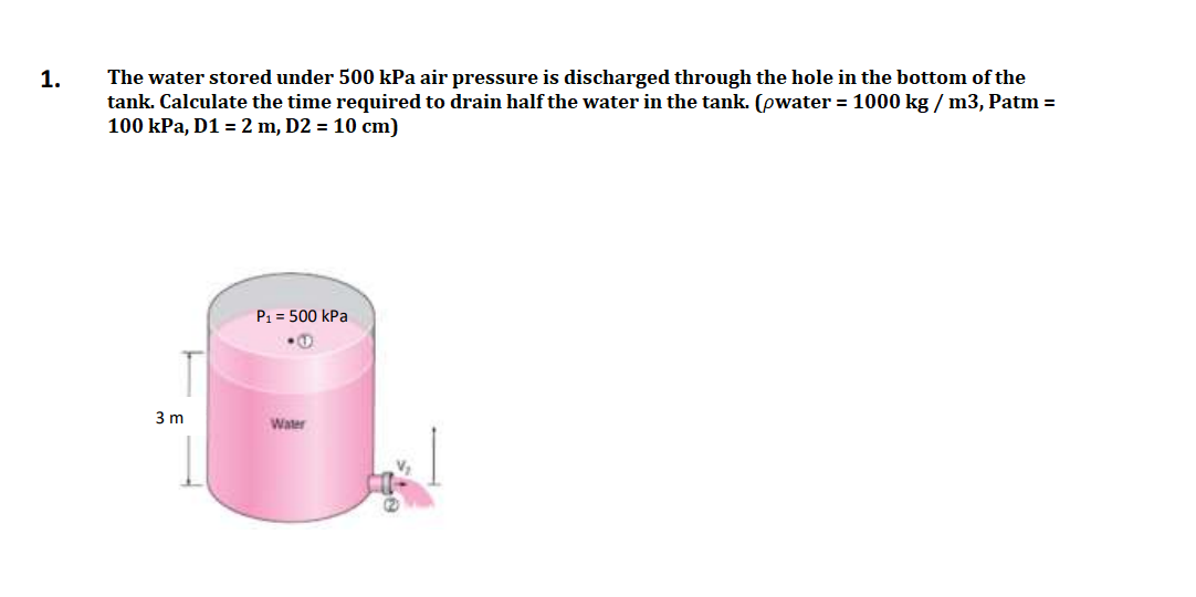 The water stored under 500 kPa air pressure is discharged through the hole in the bottom of the
tank. Calculate the time required to drain half the water in the tank. (pwater = 1000 kg / m3, Patm =
100 kPa, D1 = 2 m, D2 = 10 cm)
1.
P1 = 500 kPa
3 m
Water
