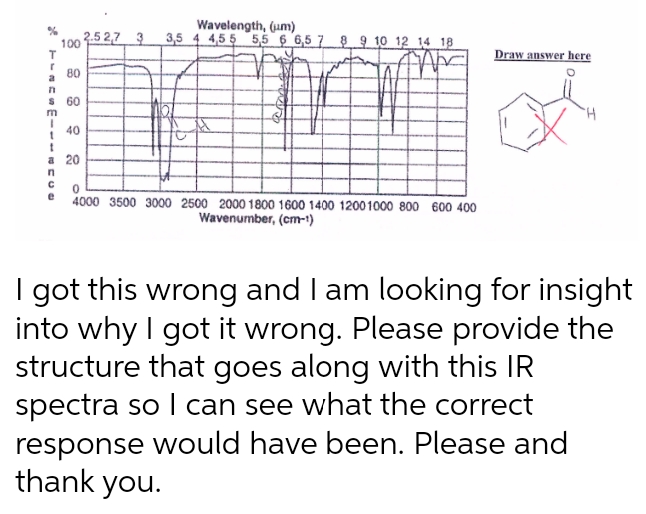 STINASEITIGO
Т
n
וח
1002-52,7 3
n
80
60
40
a 20
Wavelength, (um)
3,5 4 4,5 5 5,5 6 6,5 7 8 9 10 12 14 18
0
4000 3500 3000 2500 2000 1800 1600 1400 12001000 800 600 400
Wavenumber, (cm-¹)
Draw answer here
I got this wrong and I am looking for insight
into why I got it wrong. Please provide the
structure that goes along with this IR
spectra so I can see what the correct
response would have been. Please and
thank you.