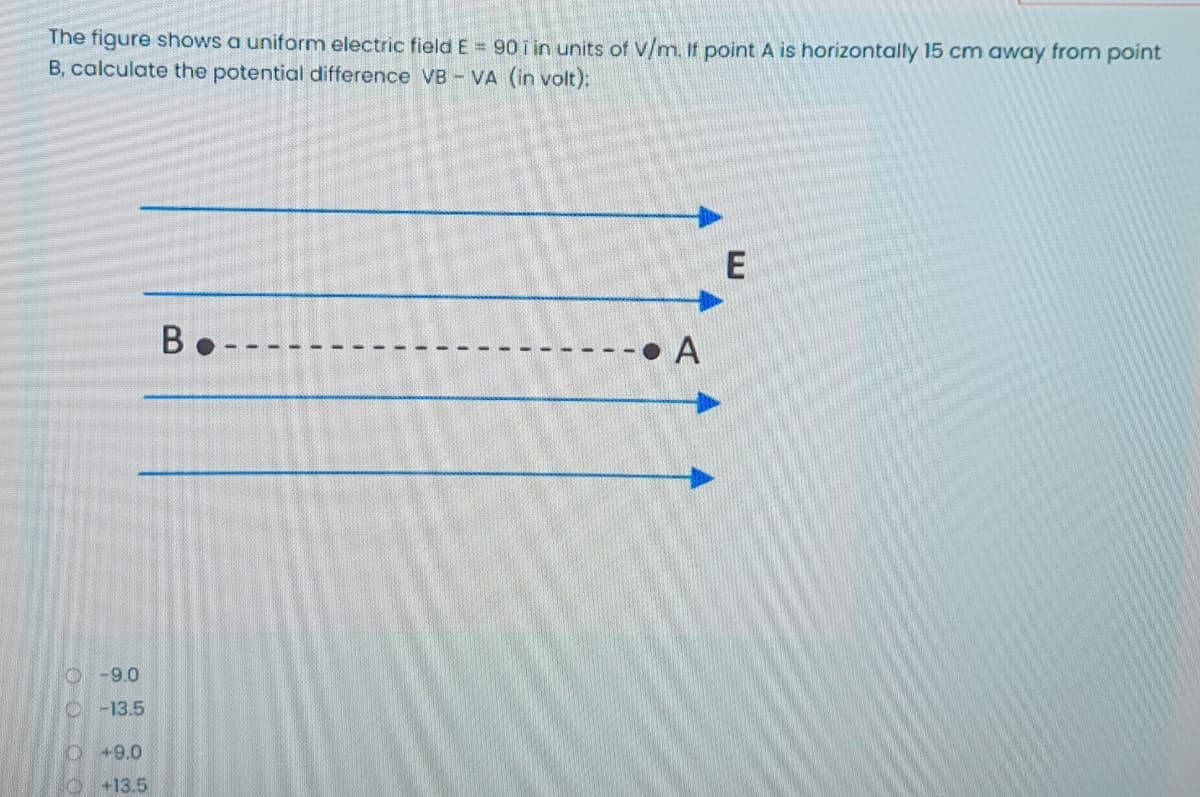 The figure shows a uniform electric field E = 90 i in units of V/m. If point A is horizontally 15 cm away from point
B, calculate the potential difference VB VA (in volt):
B ---
A
O -9.0
O -13.5
O+9.0
O +13.5
