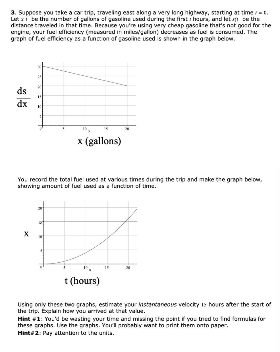 3. Suppose you take a car trip, traveling east along a very long highway, starting at time t = 0.
Let x t be the number of gallons of gasoline used during the first t hours, and let s(t be the
distance traveled in that time. Because you're using very cheap gasoline that's not good for the
engine, your fuel efficiency (measured in miles/gallon) decreases as fuel is consumed. The
graph of fuel efficiency as a function of gasoline used is shown in the graph below.
30
25
20
ds
15
dx
10
51
10
15
20
x (gallons)
You record the total fuel used at various times during the trip and make the graph below,
showing amount of fuel used as a function of time.
20
15
X
10
5
10
15
20
t (hours)
Using only these two graphs, estimate your instantaneous velocity 15 hours after the start of
the trip. Explain how you arrived at that value.
Hint #1: You'd be wasting your time and missing the point if you tried to find formulas for
these graphs. Use the graphs. You'll probably want to print them onto paper.
Hint#2: Pay attention to the units.
