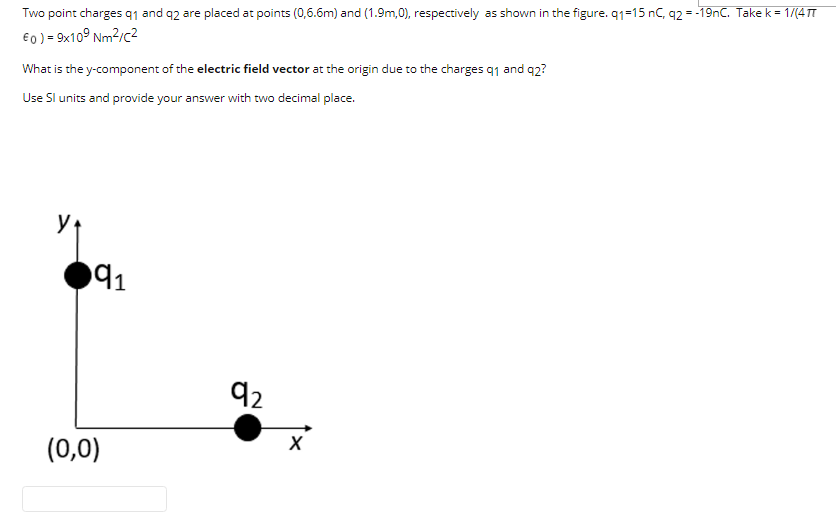 Two point charges q1 and q2 are placed at points (0,6.6m) and (1.9m,0), respectively as shown in the figure. q1=15 nC, q2 = -19nC. Take k = 1/(4 T
€o) = 9x10° Nm2/c2
What is the y-component of the electric field vector at the origin due to the charges q1 and q2?
Use Sl units and provide your answer with two decimal place.
92
(0,0)
