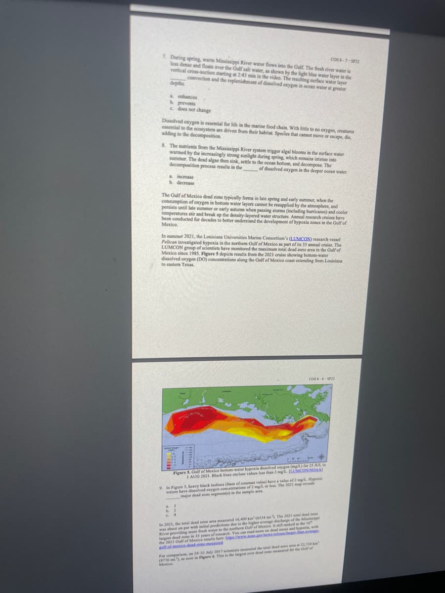 COS 8-7-SP22
7. During spring, warm Mississippi River water flows into the Gulf. The fresh river water is
less dense and floats over the Gulf salt water, as shown by the light blue water layer in the
vertical cross-section starting at 2:43 min in the video. The resulting surface water layer
convection and the replenishment of dissolved oxygen in ocean water at greater
depths.
a enhances
b. prevents
c. does not change
Dissolved oxygen is essential for life in the marine food chain. With little to no oxygen, creatures
essential to the ecosystem are driven from their habitat. Species that cannot move or escape, die,
adding to the decomposition.
8. The nutrients from the Mississippi River system trigger algal blooms in the surface water
warmed by the increasingly strong sunlight during spring, which remains intense into
summer. The dead algae then sink, settle to the ocean bottom, and decompose. The
decomposition process results in the of dissolved oxygen in the deeper ocean water.
a. increase
b. decrease
The Gulf of Mexico dead zone typically forms in late spring and early summer, when the
consumption of oxygen in bottom water layers cannot be resupplied by the atmosphere, and
persists until late summer or early autumn when passing storms (including hurricanes) and cooler
temperatures stir and break up the density-layered water structure. Annual research cruises have
been conducted for decades to better understand the development of hypoxia zones in the Gulf of
Mexico.
In summer 2021, the Louisiana Universities Marine Consortium's (LUMCON) research vessel
Pelican investigated hypoxia in the northern Gulf of Mexico as part of its 35 annual cruise. The
LUMCON group of scientists have monitored the maximum total dead zone area in the Gulf of
Mexico since 1985. Figure 5 depicts results from the 2021 cruise showing bottom-water
dissolved oxygen (DO) concentrations along the Gulf of Mexico coast extending from Louisiana
to eastern Texas.
a
b.
COS 8-8-SP22
BCS
Figure 5. Gulf of Mexico bottom-water hypoxia dissolved oxygen (mg/L) for 25 JUL to
1 AUG 2021, Black lines enclose values less than 2 mg/L. [LUMCON/NOAA]
9. In Figure 5, heavy black isolines (lines of constant value) have a value of 2 mg/L. Hypoxic
waters have dissolved oxygen concentrations of 2 mg/L or less. The 2021 map reveals
major dead zone segment(s) in the sample area.
I
In 2021, the total dead zone area measured 16,400 km² (6334 mi) The 2021 sotal dead none
was about on par with initial predictions due to the higher average discharge of the Mississippi
River providing more fresh water to the northern Gulf of Mexico. It still ranked as the 16
largest dead zone in 35 years of research. You can read more on dead zones and hypoxia, with
the 2021 Gulf of Mexico results here: https:/www.nopslag-hang
gulf-of-mexico-dead-zone-measured
For comparison, on 24-31 July 2017 scientists measured the total dead zone area at 22,730 km
(8776 mi), as seen in Figure 6. This is the largest ever dead zone measured for the Gulf of
Mexico