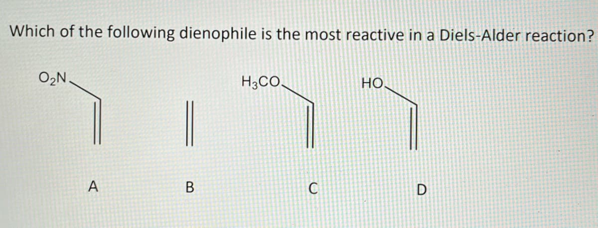 Which of the following dienophile is the most reactive in a Diels-Alder reaction?
O₂N.
A
B
H3CO
C
HO
D