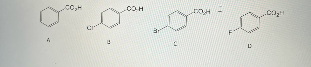 A
CO₂H
CI
B
CO₂H
Br
C
CO₂H
I
D
CO₂H