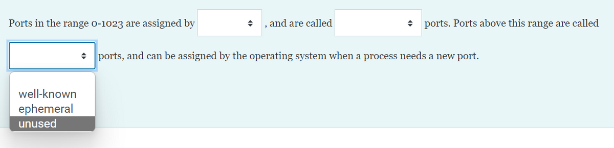 Ports in the range o-1023 are assigned by
and are called
ports. Ports above this range are called
+ ports, and can be assigned by the operating system when a process needs a new port.
well-known
ephemeral
unused
