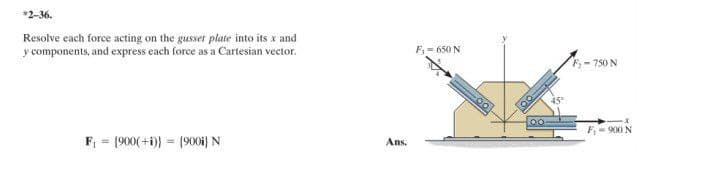 *2-36.
Resolve each force acting on the gusset plate into its x and
y components, and express each force as a Cartesian vector.
F₁ = {900(+1))
= (900) N
Ans.
F-650 N
00.
F₂-750 N
F₁ - 900 N