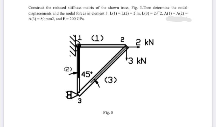 Construct the reduced stiffiness matrix of the shown truss, Fig. 3.Then determine the nodal
displacements and the nodal forces in clement 3. L(1) L(2) 2 m, L(3) 2/2, A(1)- A(2) =
A(3) = 80 mm2, and E= 200 GPa.
|1 (1)
2
2 kN
'3 kN
(2)
45°
(3)
3
Fig. 3
