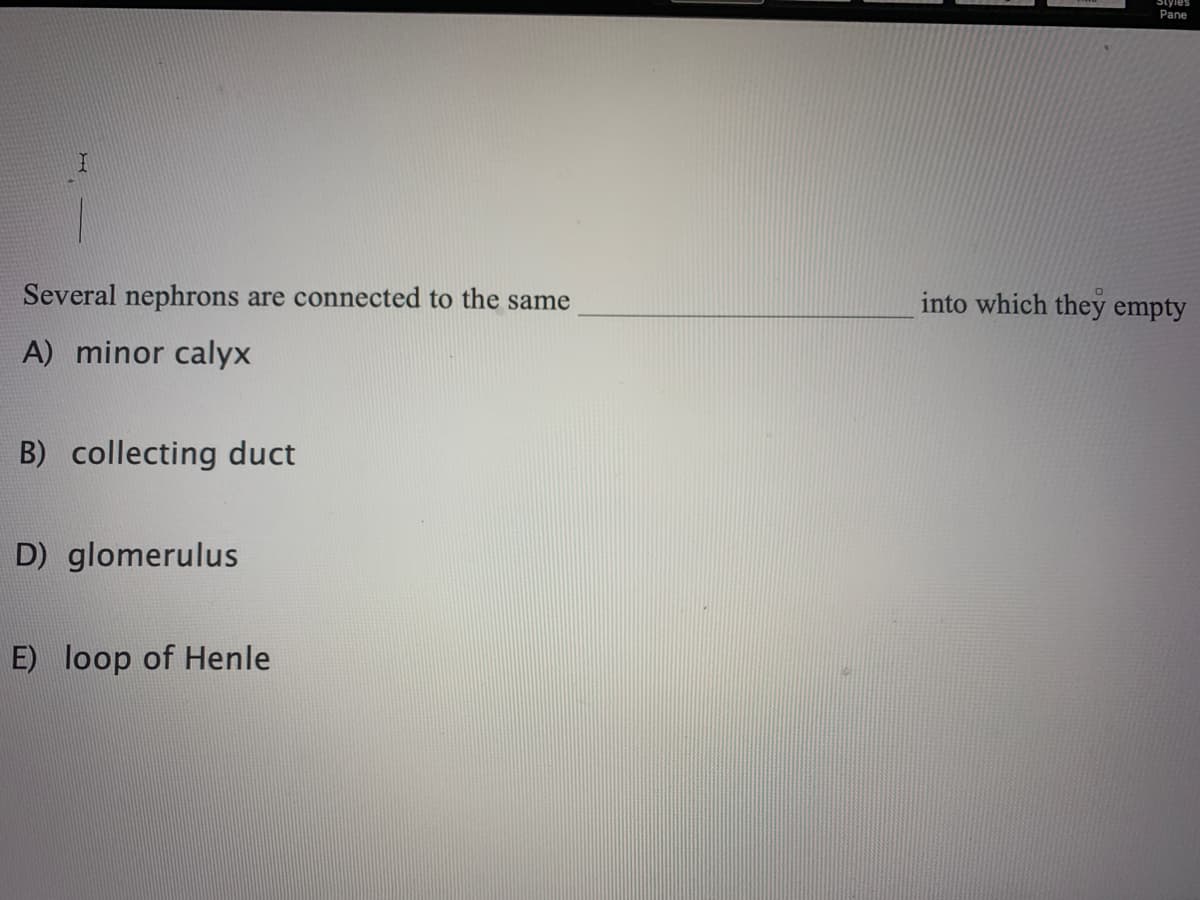 Styles
Pane
Several nephrons are connected to the same
into which they empty
A) minor calyx
B) collecting duct
D) glomerulus
E) loop of Henle
