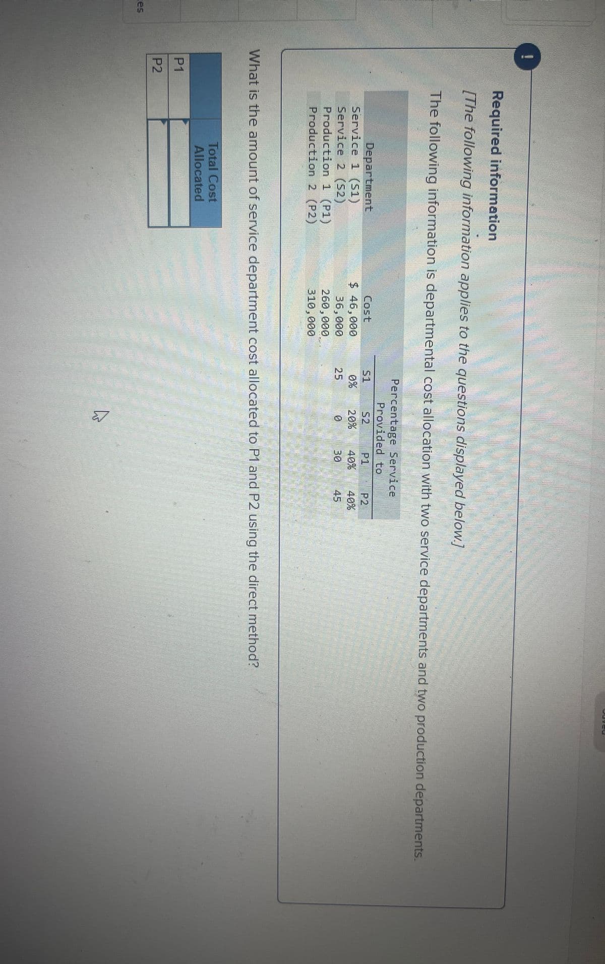ces
P1
P2
Department
Service 1 (S1)
Service 2 (52)
Production 1 (P1)
Production 2 (P2)
Required information
[The following information applies to the questions displayed below.]
The following information is departmental cost allocation with two service departments and two production departments.
Percentage Service
Provided to
T
Cost
$ 46,000
36,000
260,000
310,000
Total Cost
Allocated
0%
25
What is the amount of service department cost allocated to P1 and P2 using the direct method?
40% 40%
30
B
DEVEL
