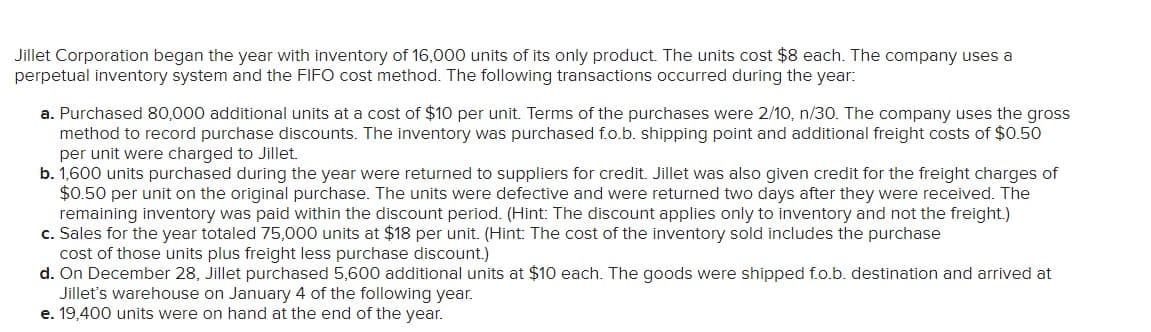 Jillet Corporation began the year with inventory of 16,000 units of its only product. The units cost $8 each. The company uses a
perpetual inventory system and the FIFO cost method. The following transactions occurred during the year:
a. Purchased 80,000 additional units at a cost of $10 per unit. Terms of the purchases were 2/10, n/30. The company uses the gross
method to record purchase discounts. The inventory was purchased f.o.b. shipping point and additional freight costs of $0.50
per unit were charged to Jillet.
b. 1,600 units purchased during the year were returned to suppliers for credit. Jillet was also given credit for the freight charges of
$0.50 per unit on the original purchase. The units were defective and were returned two days after they were received. The
remaining inventory was paid within the discount period. (Hint: The discount applies only to inventory and not the freight.)
c. Sales for the year totaled 75,000 units at $18 per unit. (Hint: The cost of the inventory sold includes the purchase
cost of those units plus freight less purchase discount.)
d. On December 28, Jillet purchased 5,600 additional units at $10 each. The goods were shipped f.o.b. destination and arrived at
Jillet's warehouse on January 4 of the following year.
e. 19,400 units were on hand at the end of the year.