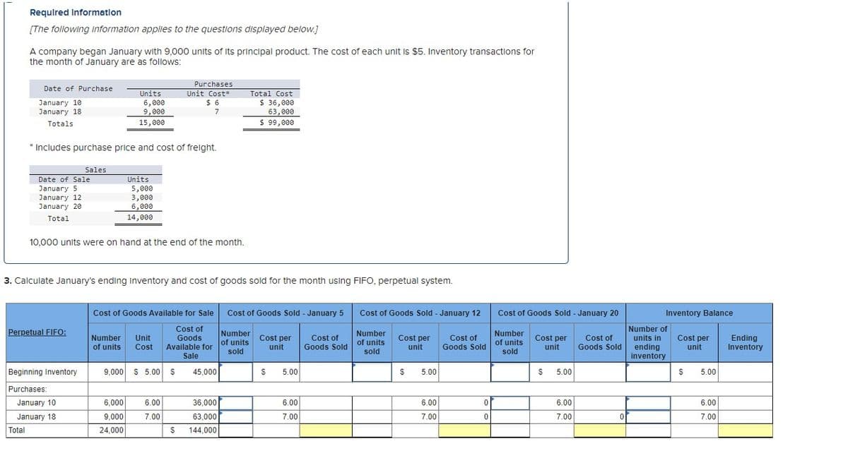 Required Information
[The following information applies to the questions displayed below.]
A company began January with 9,000 units of its principal product. The cost of each unit is $5. Inventory transactions for
the month of January are as follows:
Date of Purchase
January 10
January 18
Totals
Total
* Includes purchase price and cost of freight.
Date of Sale
January 5
January 12
January 20
Total
Perpetual FIFO:
Sales
Beginning Inventory
Purchases:
January 10
January 18
Units
6,000
9,000
15,000
10,000 units were on hand at the end of the month.
Units
3. Calculate January's ending inventory and cost of goods sold for the month using FIFO, perpetual system.
5,000
3,000
6,000
14,000
6,000
9,000
24,000
9,000 $5.00
Purchases
Unit Cost*
$ 6
7
Cost of Goods Available for Sale Cost of Goods Sold - January 5
Cost of
Number Unit
Goods
of units Cost Available for
Sale
6.00
7.00
$
$
Total Cost
$36,000
63,000
$ 99,000
45,000
36,000
63,000
144,000
Number
of units
sold
Cost per
unit
S
5.00
6.00
7.00
Cost of
Goods Sold
Cost of Goods Sold - January 12
Number
of units
sold
Cost per
unit
$
5.00
6.00
7.00
Cost of
Goods Sold
0
0
Cost of Goods Sold - January 20
Number
of units
sold
Cost per
unit
$
5.00
6.00
7.00
Cost of
Goods Sold
0
Inventory Balance
Number of
units in
ending
inventory
Cost per
unit
$
5.00
6.00
7.00
Ending
Inventory