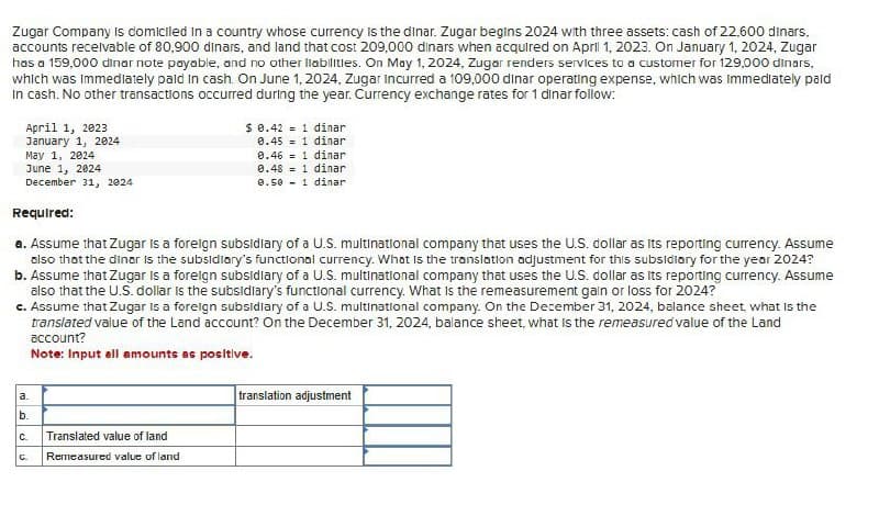 Zugar Company is domiciled in a country whose currency is the dinar. Zugar begins 2024 with three assets: cash of 22,600 dinars.
accounts receivable of 80,900 dinars, and land that cost 209,000 dinars when acquired on April 1, 2023. On January 1, 2024, Zugar
has a 159,000 dinar note payable, and no other liabilities. On May 1, 2024, Zugar renders services to a customer for 129,000 dinars,
which was Immediately paid in cash. On June 1, 2024, Zugar Incurred a 109,000 dinar operating expense, which was immediately pald
In cash. No other transactions occurred during the year. Currency exchange rates for 1 dinar follow:
April 1, 2023
January 1, 2024
May 1, 2024
June 1, 2024
December 31, 2024
Required:
$ 0.421 dinar
0.451 dinar
0.461 dinar
0.48 1 dinar
0.50 1 dinar
a. Assume that Zugar is a foreign subsidiary of a U.S. multinational company that uses the U.S. dollar as its reporting currency. Assume
also that the dinor is the subsidiary's functional currency. What is the translation adjustment for this subsidiary for the year 2024?
b. Assume that Zugar is a foreign subsidiary of a U.S. multinational company that uses the U.S. dollar as its reporting currency. Assume
also that the U.S. dollar is the subsidiary's functional currency. What is the remeasurement gain or loss for 2024?
c. Assume that Zugar is a foreign subsidiary of a U.S. multinational company. On the December 31, 2024, balance sheet, what is the
translated value of the Land account? On the December 31, 2024, balance sheet, what is the remeasured value of the Land
account?
Note: Input all amounts as positive.
a.
b.
C
Translated value of land
c. Remeasured value of land
translation adjustment