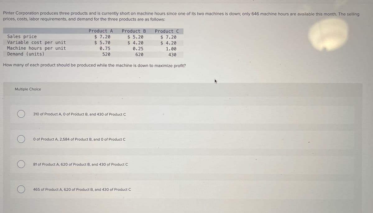 Pinter Corporation produces three products and is currently short on machine hours since one of its two machines is down; only 646 machine hours are available this month. The selling
prices, costs, labor requirements, and demand for the three products are as follows:
Sales price
Product A
$ 7.20
Product B
$ 5.20
Product C
$ 7.20
Variable cost per unit
Machine hours per unit
$ 5.70
0.75
$ 4.20
$ 4.20
0.25
1.00
Demand (units)
520
620
430
How many of each product should be produced while the machine is down to maximize profit?
Multiple Choice
О
310 of Product A, 0 of Product B, and 430 of Product C
О
0 of Product A, 2,584 of Product B, and 0 of Product C
О
81 of Product A, 620 of Product B, and 430 of Product C
465 of Product A, 620 of Product B, and 430 of Product C