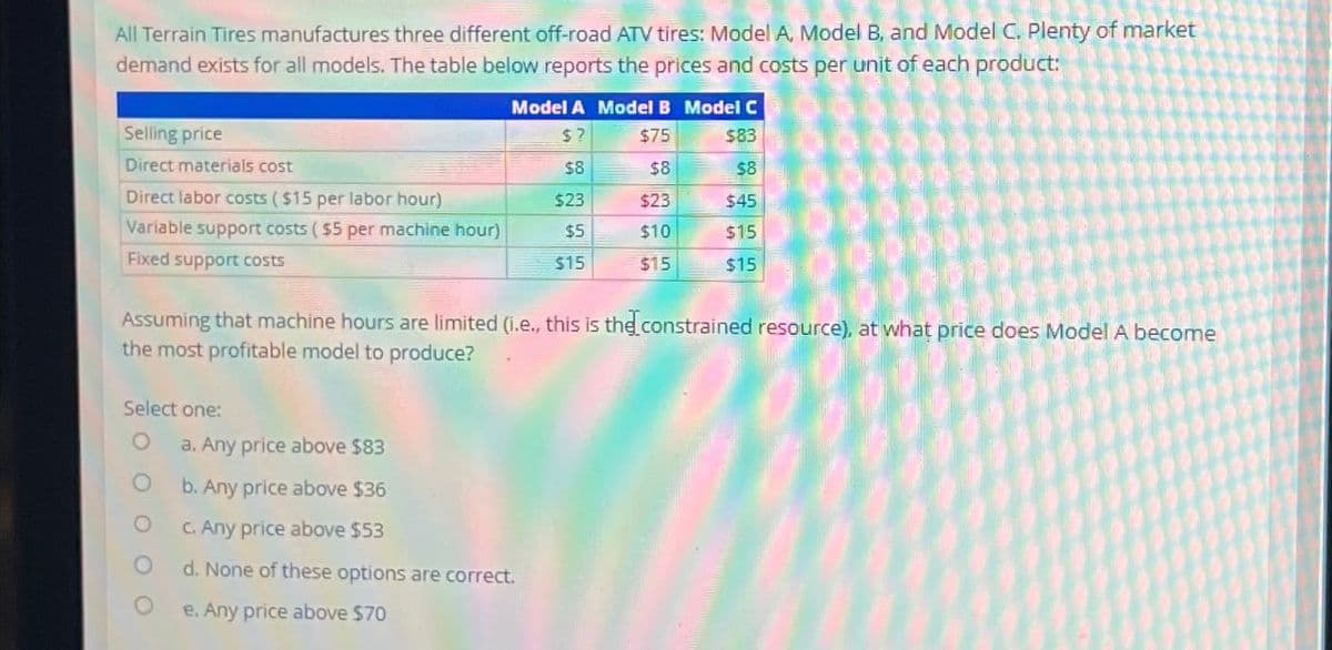 All Terrain Tires manufactures three different off-road ATV tires: Model A, Model B, and Model C. Plenty of market
demand exists for all models. The table below reports the prices and costs per unit of each product:
Selling price
Direct materials cost
Model A Model B Model C
$ ?
$75
$83
$8
$8
$8
Direct labor costs ($15 per labor hour)
Variable support costs ($5 per machine hour)
$23
$23
$45
$5
$10
$15
Fixed support costs
$15
$15
$15
Assuming that machine hours are limited (i.e., this is the constrained resource), at what price does Model A become
the most profitable model to produce?
Select one:
0
a. Any price above $83
O b. Any price above $36
Oc. Any price above $53
Od. None of these options are correct.
°
e. Any price above $70