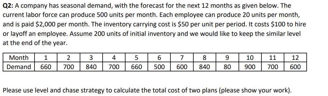 Q2: A company has seasonal demand, with the forecast for the next 12 months as given below. The
current labor force can produce 500 units per month. Each employee can produce 20 units per month,
and is paid $2,000 per month. The inventory carrying cost is $50 per unit per period. It costs $100 to hire
or layoff an employee. Assume 200 units of initial inventory and we would like to keep the similar level
at the end of the year.
Month
1
3
4
7
8
9
10
11
12
Demand
660
700
840
700
660
500
600
840
80
900
700
600
Please use level and chase strategy to calculate the total cost of two plans (please show your work).
