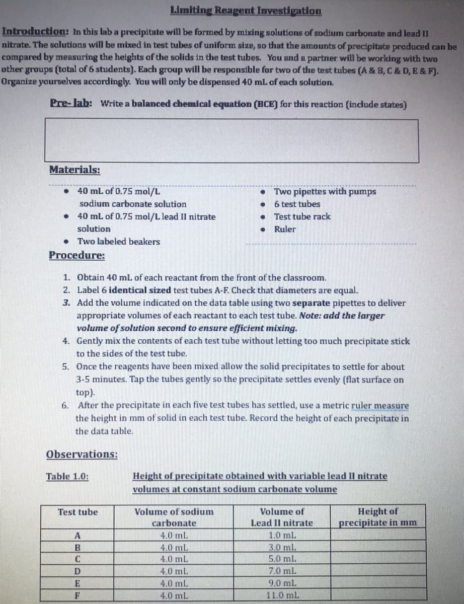 Limiting ReagEnt Investigation
Introduction: In this lab a precipitate will be formed by mixing solutions of sodium carbonate and lead II
nitrate. The solutions will be mixed in test tubes af uniform size, so that the amounts of precipitate produced can be
compared by measuring the heights of the solids in the test tubes. You and a partner wiln be working with two
other groups (tatal of 6 students). Each group will be responsible for two of the test tubes (A & B, C& D, E & F).
Organize yourselves accordingly Yau will only be dispensed 40 mL of each solution.
Pre- lab: Write a balanced chemical equation (BCE) for this reaction (include states)
Materials:
40 mL of 0.75 mol/L
• Two pipettes with pumps
6 test tubes
sodium carbonate solution
40 mL of 0.75 mol/L lead IIl nitrate
Test tube rack
solution
Ruler
• Two labeled beakers
Procedure:
1. Obtain 40 mL of each reactant from the front of the classroom.
2. Label 6 identical sized test tubes A-F. Check that diameters are equal.
3. Add the volume indicated on the data table using two separate pipettes to deliver
appropriate volumes of each reactant to each test tube. Note: add the larger
volume of solution second to ensure efficient mixing.
4. Gently mix the contents of each test tube without letting too much precipitate stick
to the sides of the test tube.
5. Once the reagents have been mixed allow the solid precipitates to settle for about
3-5 minutes. Tap the tubes gently so the precipitate settles evenly (flat surface on
top).
6. After the precipitate in each five test tubes has settled, use a metric ruler measure
the height in mm of solid in each test tube. Record the height of each precipitate in
the data table.
Observations:
Table 1.0:
Height of precipitate obtained with variable lead II nitrate
volumes at constant sodium carbonate volume
Volume of
Height of
precipitate in mm
Test tube
Volume of sodium
carbonate
Lead II nitrate
1.0 ml.
3.0 mL
5.0 ml.
4.0 mL
B
4.0 ml.
4.0 mL
4.0 mL
7.0 mL
4.0 mL
9.0 mL
F
4.0 mL
11.0 mL
