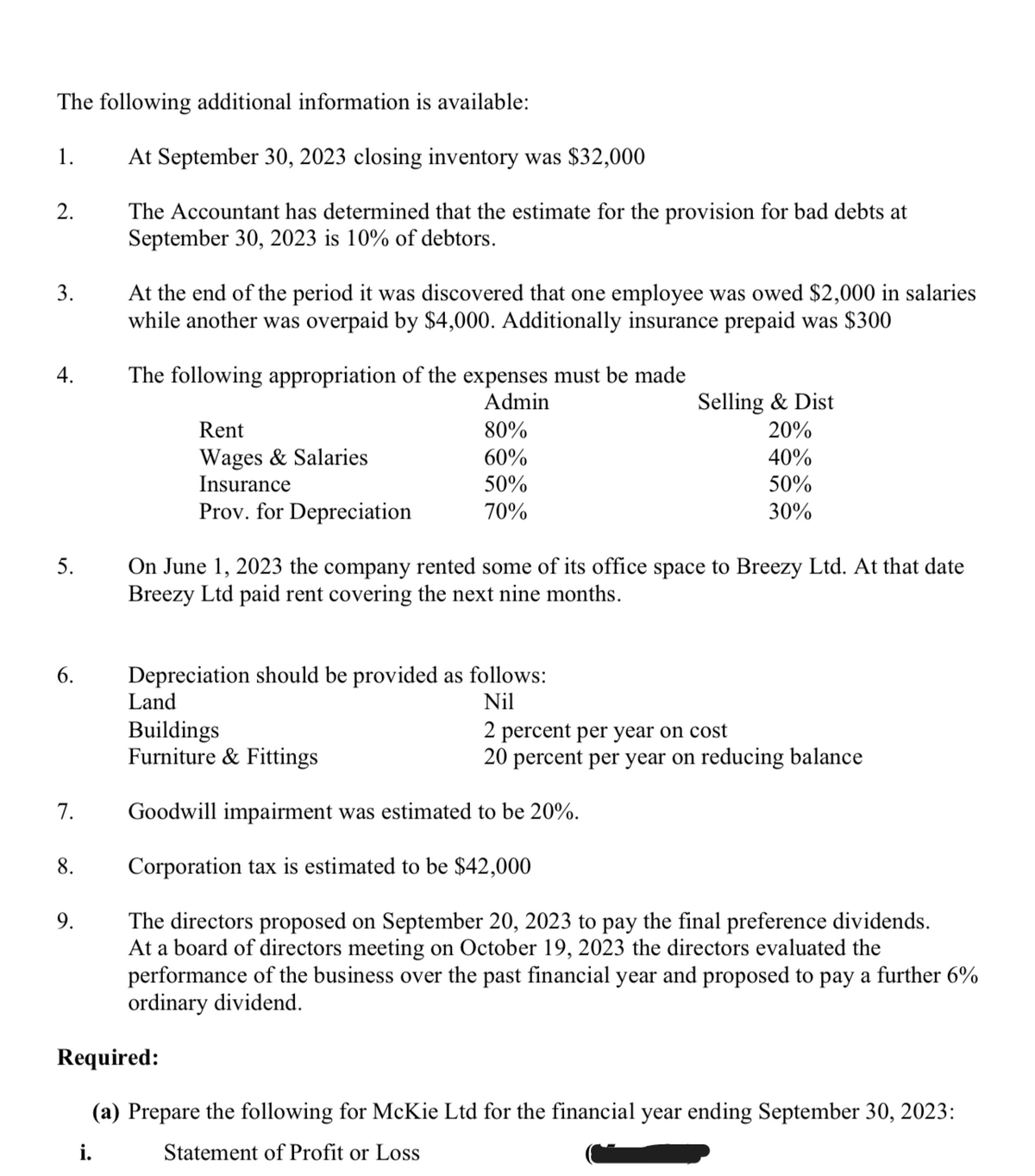 The following additional information is available:
1.
2.
3.
4.
5.
6.
7.
8.
9.
At September 30, 2023 closing inventory was $32,000
The Accountant has determined that the estimate for the provision for bad debts at
September 30, 2023 is 10% of debtors.
At the end of the period it was discovered that one employee was owed $2,000 in salaries
while another was overpaid by $4,000. Additionally insurance prepaid was $300
The following appropriation of the expenses must be made
Admin
Rent
Wages & Salaries
Insurance
Prov. for Depreciation
80%
60%
50%
70%
On June 1, 2023 the company rented some of its office space to Breezy Ltd. At that date
Breezy Ltd paid rent covering the next nine months.
Depreciation should be provided as follows:
Land
Nil
Buildings
Furniture & Fittings
Selling & Dist
20%
40%
50%
30%
2 percent per year on cost
20 percent per year on reducing balance
Goodwill impairment was estimated to be 20%.
Corporation tax is estimated to be $42,000
The directors proposed on September 20, 2023 to pay the final preference dividends.
At a board of directors meeting on October 19, 2023 the directors evaluated the
performance of the business over the past financial year and proposed to pay a further 6%
ordinary dividend.
Required:
(a) Prepare the following for McKie Ltd for the financial year ending September 30, 2023:
Statement of Profit or Loss
i.