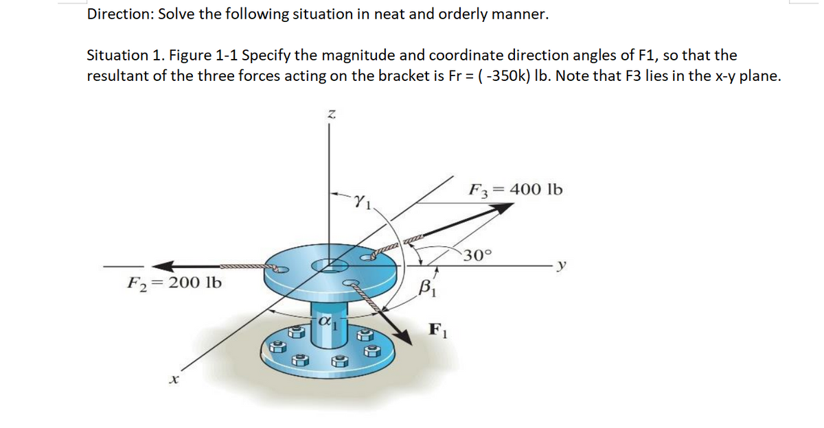 Direction: Solve the following situation in neat and orderly manner.
Situation 1. Figure 1-1 Specify the magnitude and coordinate direction angles of F1, so that the
resultant of the three forces acting on the bracket is Fr = ( -350k) lb. Note that F3 lies in the x-y plane.
mg
F2= 200 lb
7₁
7000 7000
B₁
F₁
F3 400 lb
30°