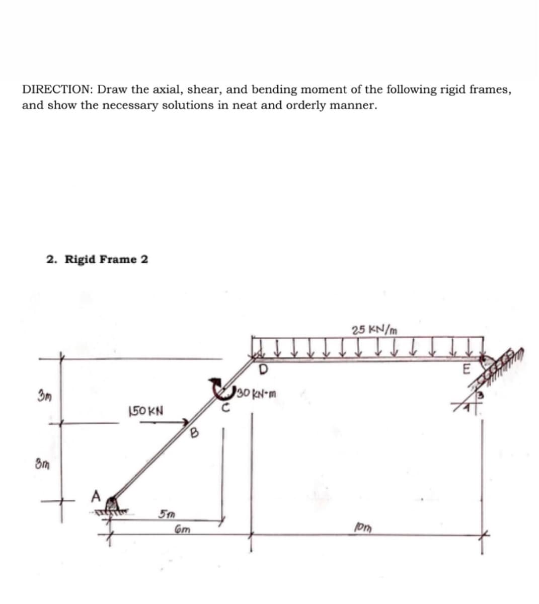 DIRECTION: Draw the axial, shear, and bending moment of the following rigid frames,
and show the necessary solutions in neat and orderly manner.
2. Rigid Frame 2
3m
8m
150 KN
5m
Gm
D
30 KN-m
25 kN/m
10m