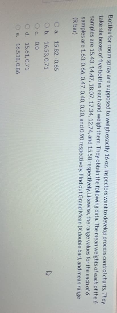 Bottles for room spray are supposed to weigh exactly 16 oz. Inspectors want to develop process control charts. They
take six boxes of five bottles each and weigh them. They obtain the following data. The mean weights of each of the 6
samples are 15.43, 14.47, 18.07, 17.34, 12.74, and 15.58 respectively. Likewise, the range values for the each of 6
samples are 1.63,0.66, 0.47, 0.40, 0.20, and 0.90 respectively. Find out Grand Mean (X double bar), and mean range
(R bar)
O a.
15.82,-0.65
O b. 16.53,0.71
c.
0,0
O d. 15.61, 0.71
O e.
16.538, 0.86
