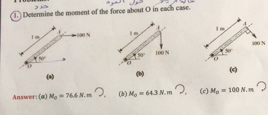 (1.) Determine the moment of the force about O in each case.
I m
100 N
I m
1 m
100 N
S0
50
100 N
50
(a)
(b)
(c)
Answer: (a) Mo = 76.6 N. m',
(b) Mo = 64.3 N.m', (c) Mo = 100 N.m
%3D
%3D
