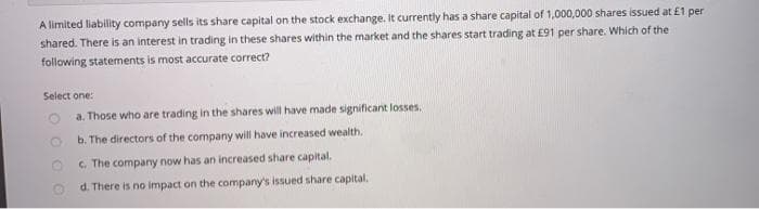 A limited liability company sells its share capital on the stock exchange. It currently has a share capital of 1,000,000 shares issued at £1 per
shared. There is an interest in trading in these shares within the market and the shares start trading at £91 per share. Which of the
following statements is most accurate correct?
Select one:
a. Those who are trading in the shares will have made significant losses,
b. The directors of the company will have increased wealth.
C. The company now has an increased share capital.
d. There is no impact on the company's issued share capital.
