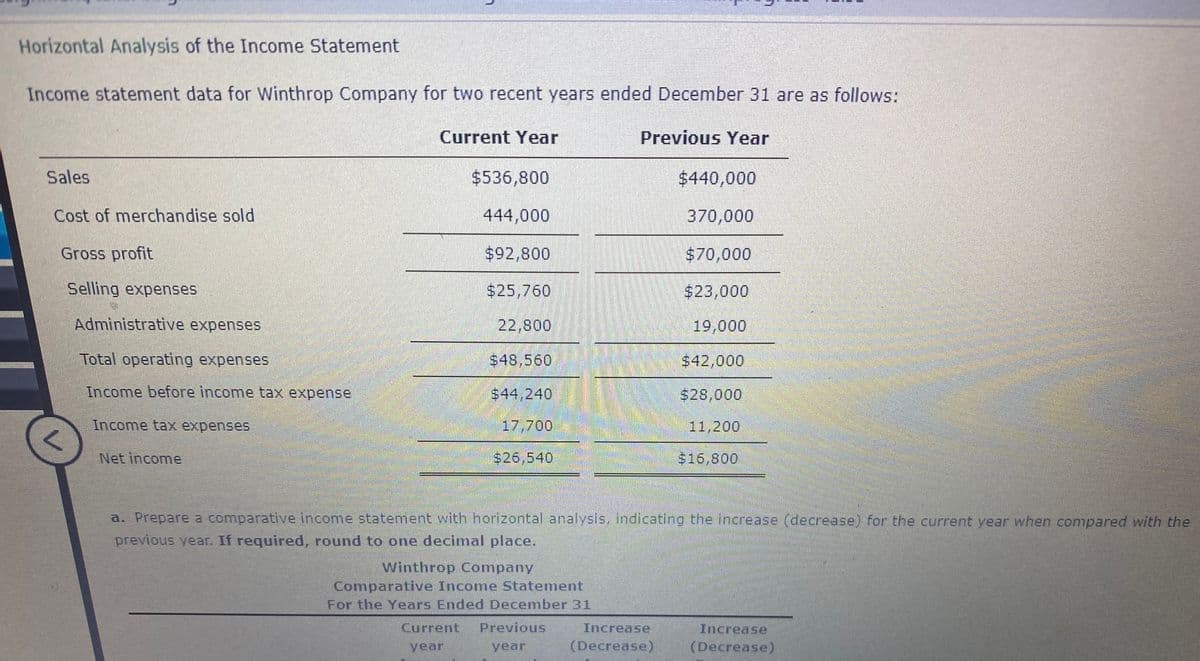 Horizontal Analysis of the Income Statement
Income statement data for Winthrop Company for two recent years ended December 31 are as follows:
Current Year
Previous Year
Sales
$536,800
$440,000
Cost of merchandise sold
444,000
370,000
Gross profit
$92,800
$70,000
Selling expenses
$25,760
$23,000
Administrative expenses
22,800
19,000
Total operating expenses
$48,560
$42,000
Income before income tax expense
$44,240
$28,000
Income tax expenses
17,700
11,200
Net income
$26,540
S16,800
a. Prepare a comparative income statement with horizontal analysis, indicating the increase (decrease) for the current year when compared with the
previous year. If required, round to one decimal place.
Winthrop Company
Comparative Income Statement
For the Years Ended December 31
Current
Increase
Increase
(Decrease)
Previous
year
year
(Decrease)
