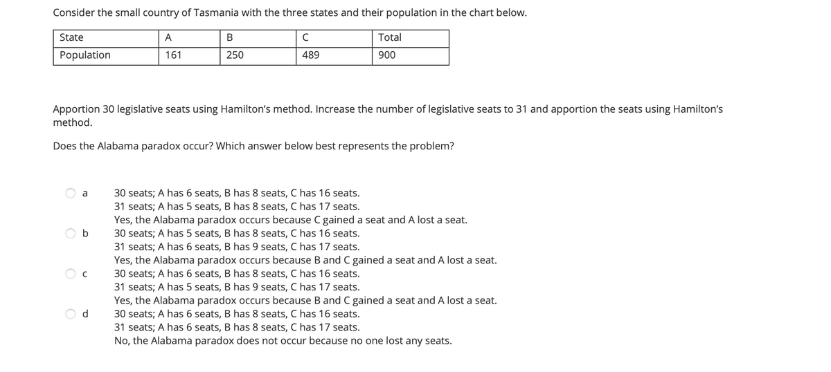 Consider the small country of Tasmania with the three states and their population in the chart below.
State
A
В
C
Total
Population
161
250
489
900
Apportion 30 legislative seats using Hamilton's method. Increase the number of legislative seats to 31 and apportion the seats using Hamilton's
method.
Does the Alabama paradox occur? Which answer below best represents the problem?
30 seats; A has 6 seats, B has 8 seats, C has 16 seats.
31 seats; A has 5 seats, B has 8 seats, C has 17 seats.
Yes, the Alabama paradox occurs because C gained a seat and A lost a seat.
30 seats; A has 5 seats, B has 8 seats, C has 16 seats.
31 seats; A has 6 seats, B has 9 seats, C has 17 seats.
Yes, the Alabama paradox occurs because B and C gained a seat and A lost a seat.
30 seats; A has 6 seats, B has 8 seats, C has 16 seats.
31 seats; A has 5 seats, B has 9 seats, C has 17 seats.
Yes, the Alabama paradox occurs because B and C gained a seat and A lost a seat.
30 seats; A has 6 seats, B has 8 seats, C has 16 seats.
31 seats; A has 6 seats, B has 8 seats, C has 17 seats.
No, the Alabama paradox does not occur because no one lost any seats.
a
