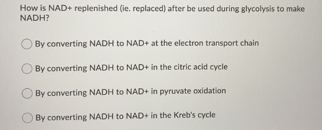 How is NAD+ replenished (ie. replaced) after be used during glycolysis to make
NADH?
By converting NADH to NAD+ at the electron transport chain
By converting NADH to NAD+ in the citric acid cycle
By converting NADH to NAD+ in pyruvate oxidation
By converting NADH to NAD+ in the Kreb's cycle
