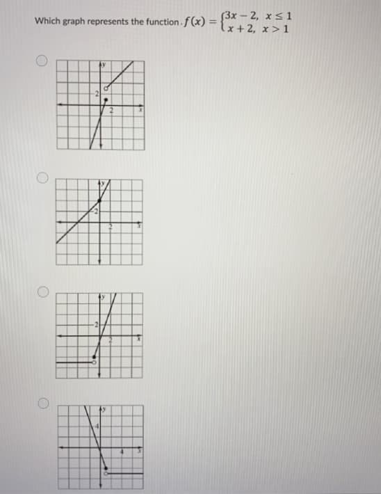 Which graph represents the function.f (x) =
3x – 2, x<1
lx+2, x >1
%3D
