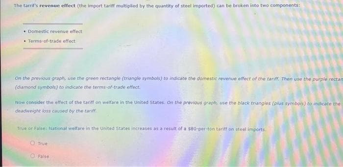 The tarrif's revenue effect (the import tariff multiplied by the quantity of steel imported) can be broken into two components:
• Domestic revenue effect
• Terms-of-trade effect
On the previous graph, use the green rectangle (triangle symbols) to indicate the domestic revenue effect of the tariff. Then use the purple rectan
(diamond symbols) to indicate the terms-of-trade effect.
Now consider the effect of the tariff on welfare in the United States. On the previous graph, use the black triangles (plus symbols) to indicate the
deadweight loss caused by the tariff.
True or False: National welfare in the United States increases as a result of a $80-per-ton tariff on steel imports.
O True
False