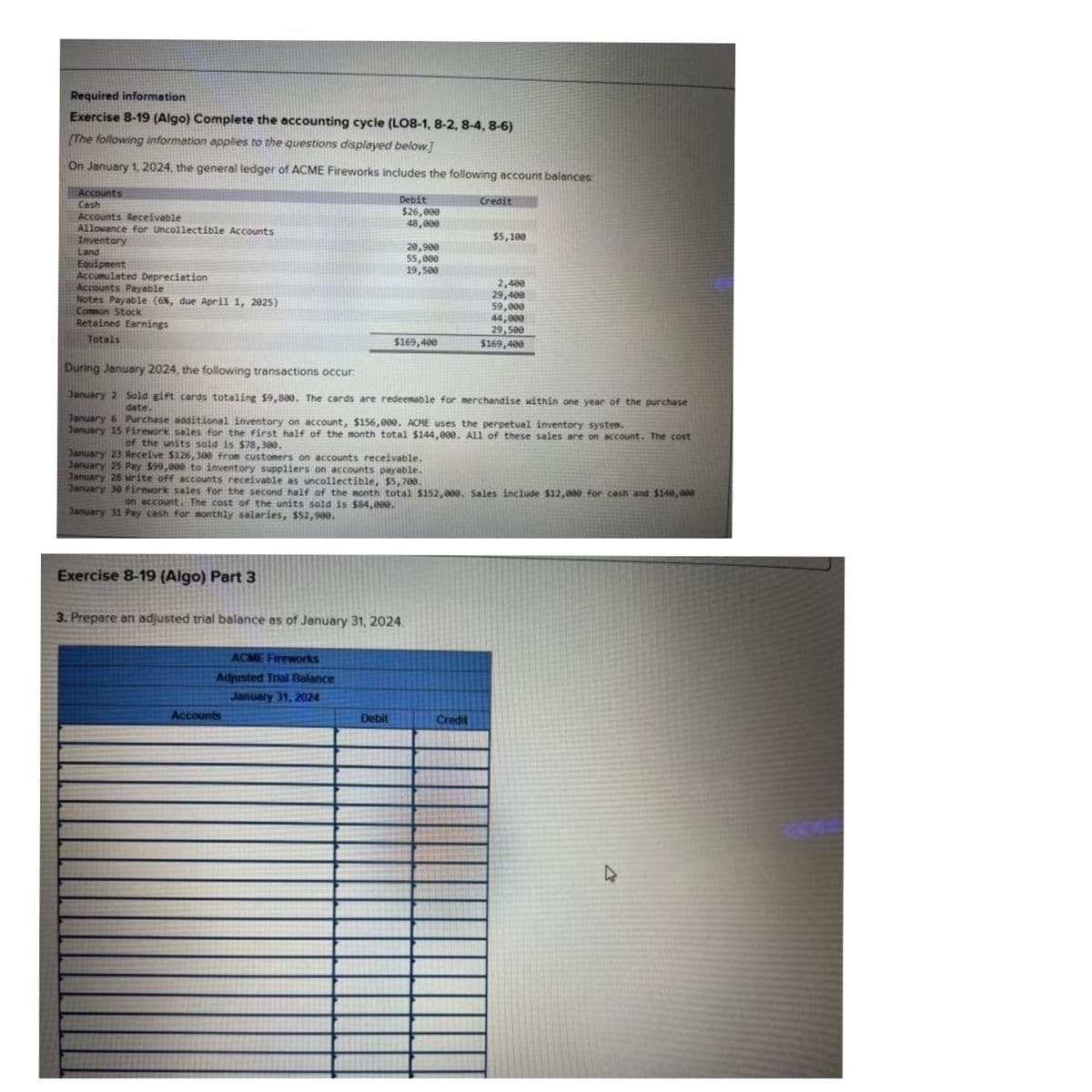 Required information
Exercise 8-19 (Algo) Complete the accounting cycle (LO8-1, 8-2, 8-4, 8-6)
[The following information applies to the questions displayed below]
On January 1, 2024, the general ledger of ACME Fireworks includes the following account balances:
Accounts
Cash
Accounts Receivable
Allowance for Uncollectible Accounts
Inventory
Land
Equipment
Accumulated Depreciation
Accounts Payable
Notes Payable (6%, due April 1, 2025)
Common Stock
Retained Earnings
Totals
Exercise 8-19 (Algo) Part 3
Debit
$26,000
48,000
20,900
55,000
19,500
ACME Fireworks
Adjusted Trial Balance
January 31, 2024
$169,400
Accounts
During January 2024, the following transactions occur.
January 2 Sold gift cards totaling $9,800. The cards are redeemable for merchandise within one year of the purchase
date.
3. Prepare an adjusted trial balance as of January 31, 2024.
Debit
January 6 Purchase additional inventory on account, $156,000. ACME uses the perpetual inventory system.
January 15 Firework sales for the first half of the month total $144,000. All of these sales are on account. The cost
of the units sold is $78,300.
Credit
January 23 Receive $126, 300 from customers on accounts receivable.
January 25 Pay $99,000 to inventory suppliers on accounts payable.
January 28 write off accounts receivable as uncollectible, $5,700.
January 30 Firework sales for the second half of the month total $152,000. Sales include $12,000 for cash and $140,000
on account. The cost of the units sold is $84,000.
January 31 Pay cash for monthly salaries, $52,900.
$5,100
2,400
29,400
59,000
Credit
44,000
29,500
$169,400