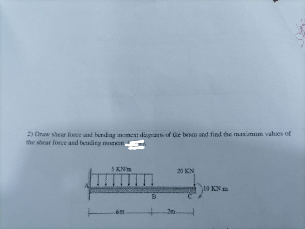 2) Draw shear force and bending moment diagrams of the beam and find the maximum values of
the shear force and bending moment
5 KN/m
20 KN
10 KN.m
B