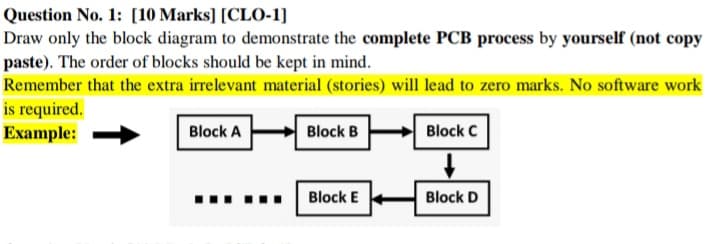 Question No. 1: [10 Marks] [CL0-1]
Draw only the block diagram to demonstrate the complete PCB process by yourself (not copy
paste). The order of blocks should be kept in mind.
Remember that the extra irrelevant material (stories) will lead to zero marks. No software work
is required.
Example:
Block A
Block B
Block C
Block E
Block D
