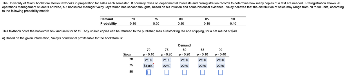 The University of Miami bookstore stocks textbooks in preparation for sales each semester. It normally relies on departmental forecasts and preregistration records to determine how many copies of a text are needed. Preregistration shows 90
operations management students enrolled, but bookstore manager Vaidy Jayaraman has second thoughts, based on his intuition and some historical evidence. Vaidy believes that the distribution of sales may range from 70 to 90 units, according
to the following probability model:
Demand
70
75
80
85
90
Probability
0.10
0.20
0.20
0.10
0.40
This textbook costs the bookstore $82 and sells for $112. Any unsold copies can be returned to the publisher, less a restocking fee and shipping, for a net refund of $40.
a) Based on the given information, Vaidy's conditional profits table for the bookstore is:
Demand
70
75
80
85
90
Stock
p = 0.10
p= 0.20
p = 0.20
p = 0.10
p= 0.40
70
2100
2100
2100
2100
2100
75
$1,890
2250
2250
2250
2250
80
