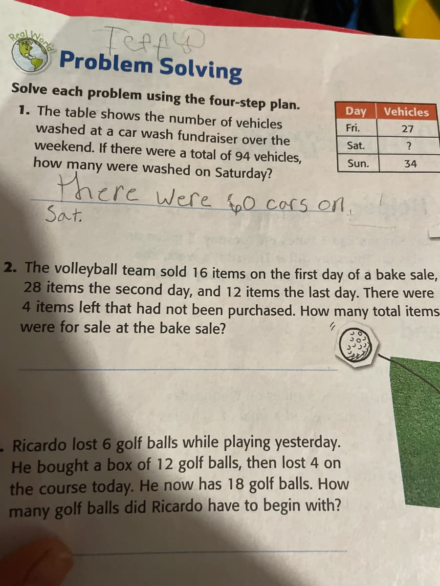 Problem Solving
Solve each problem using the four-step plan.
Day
Vehicles
1. The table shows the number of vehicles
washed at a car wash fundraiser over the
weekend. If there were a total of 94 vehicles,
Fri.
27
Sat.
Sun.
34
how many were washed on Saturday?
there were f0 cors on.
Sat.
2. The volleyball team sold 16 items on the first day of a bake sale,
28 items the second day, and 12 items the last day. There were
4 items left that had not been purchased. How many total items
were for sale at the bake sale?
- Ricardo lost 6 golf balls while playing yesterday.
He bought a box of 12 golf balls, then lost 4 on
the course today. He now has 18 golf balls. How
many golf balls did Ricardo have to begin with?
