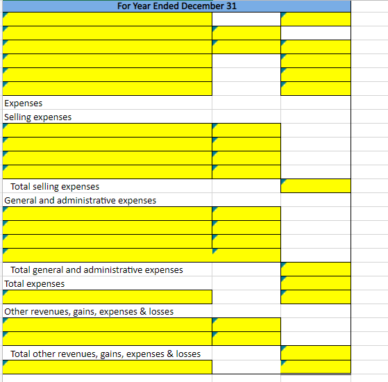 Expenses
Selling expenses
For Year Ended December 31
Total selling expenses
General and administrative expenses
Total general and administrative expenses
Total expenses
Other revenues, gains, expenses & losses
Total other revenues, gains, expenses & losses