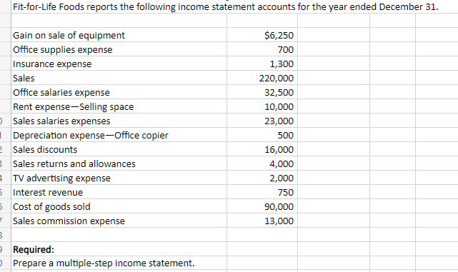 Fit-for-Life Foods reports the following income statement accounts for the year ended December 31.
Gain on sale of equipment
Office supplies expense
Insurance expense
Sales
Office salaries expense
Rent expense-Selling space
O Sales salaries expenses
Depreciation expense-Office copier
2 Sales discounts
3 Sales returns and allowances
4TV advertising expense
3
5 Interest revenue
5 Cost of goods sold
Sales commission expense
Required:
O Prepare a multiple-step income statement.
$6,250
700
1,300
220,000
32,500
10,000
23,000
500
16,000
4,000
2,000
750
90,000
13,000