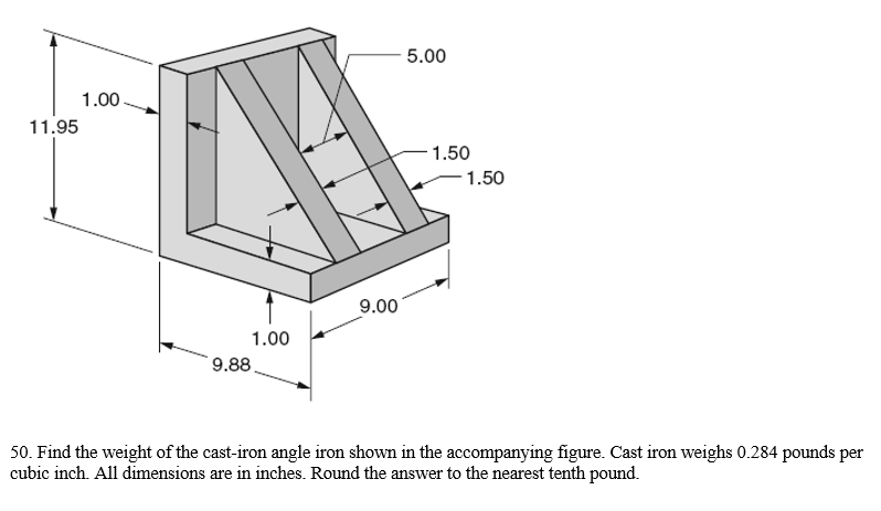 5.00
1.00
11.95
1.50
1.50
9.00
1.00
9.88.
50. Find the weight of the cast-iron angle iron shown in the accompanying figure. Cast iron weighs 0.284 pounds per
cubic inch. All dimensions are in inches. Round the answer to the nearest tenth pound.
