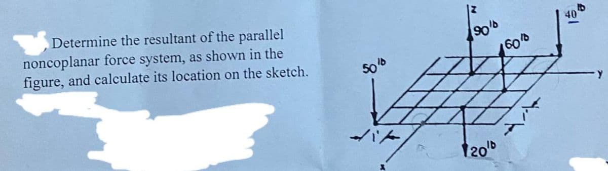 Determine the resultant of the parallel
noncoplanar force system, as shown in the
figure, and calculate its location on the sketch.
40
1600
ト。
