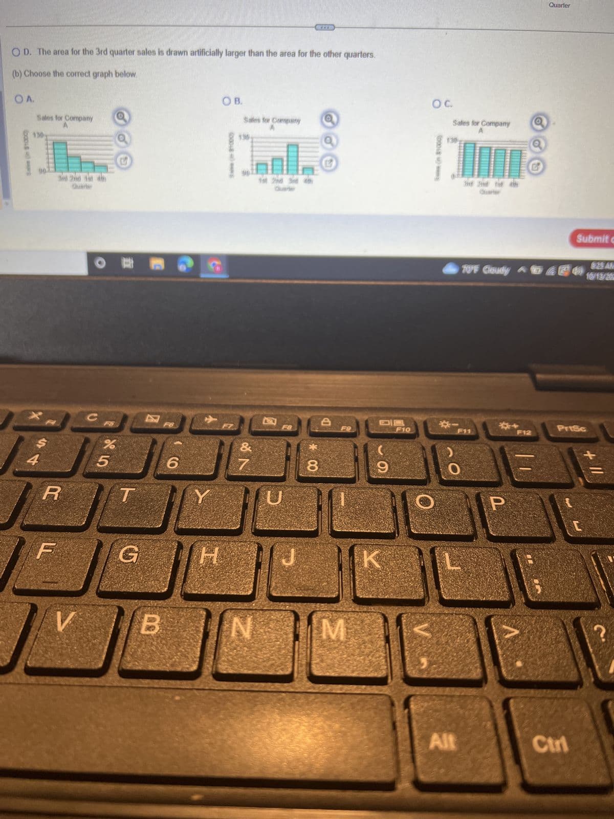 OD. The area for the 3rd quarter sales is drawn artificially larger than the area for the other quarters.
(b) Choose the correct graph below.
OA.
Sales for Company
A
130-
4
Sid 2nd tal
Quarter
R
F
V
C
%
25
T
G
B
CO
6
H
OB.
Salles for Company
&
7
1st 2nd 3rd 4t
Quarter
F8
J
CO
8
F9
NM
9
K
F10
O C.
Sales for Company
130
*-
M
3d 2nd tid tih
▲70°F Cloudy 600 10/13/20
F11
Alt
P
Quarter
F12
Submit c
PrtSc
Ctrl
+ 11