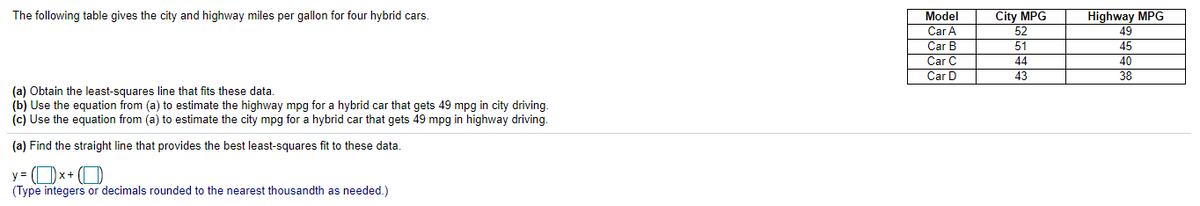 City MPG
52
Model
Car A
Car B
Car C
Car D
Highway MPG
49
45
40
The following table gives the city and highway miles per gallon for four hybrid cars.
51
44
43
38
(a) Obtain the least-squares line that fits these data.
(b) Use the equation from (a) to estimate the highway mpg for a hybrid car that gets 49 mpg in city driving.
(c) Use the equation from (a) to estimate the city mpg for a hybrid car that gets 49 mpg in highway driving.
(a) Find the straight line that provides the best least-squares fit to these data.
y = Ox+
(Type integers or decimals rounded to the nearest thousandth as needed.)
|| | ||
