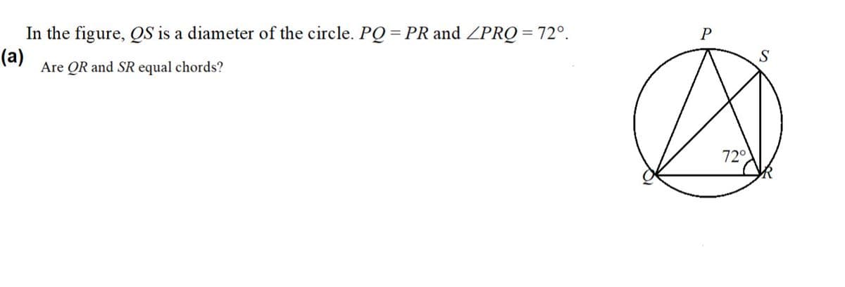 In the figure, QS is a diameter of the circle. PQ = PR and ZPRQ = 72°.
P
(a)
Are QR and SR equal chords?
72°
