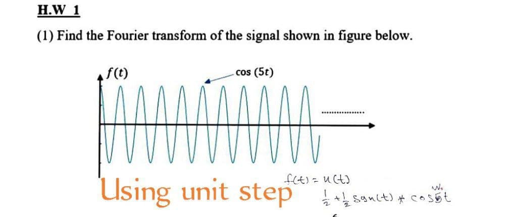 H.W 1
(1) Find the Fourier transform of the signal shown in figure below.
f(t)
cos (5t)
www
f(t) = u(t)
W₂
Using unit step 1+1 sanct) + cost