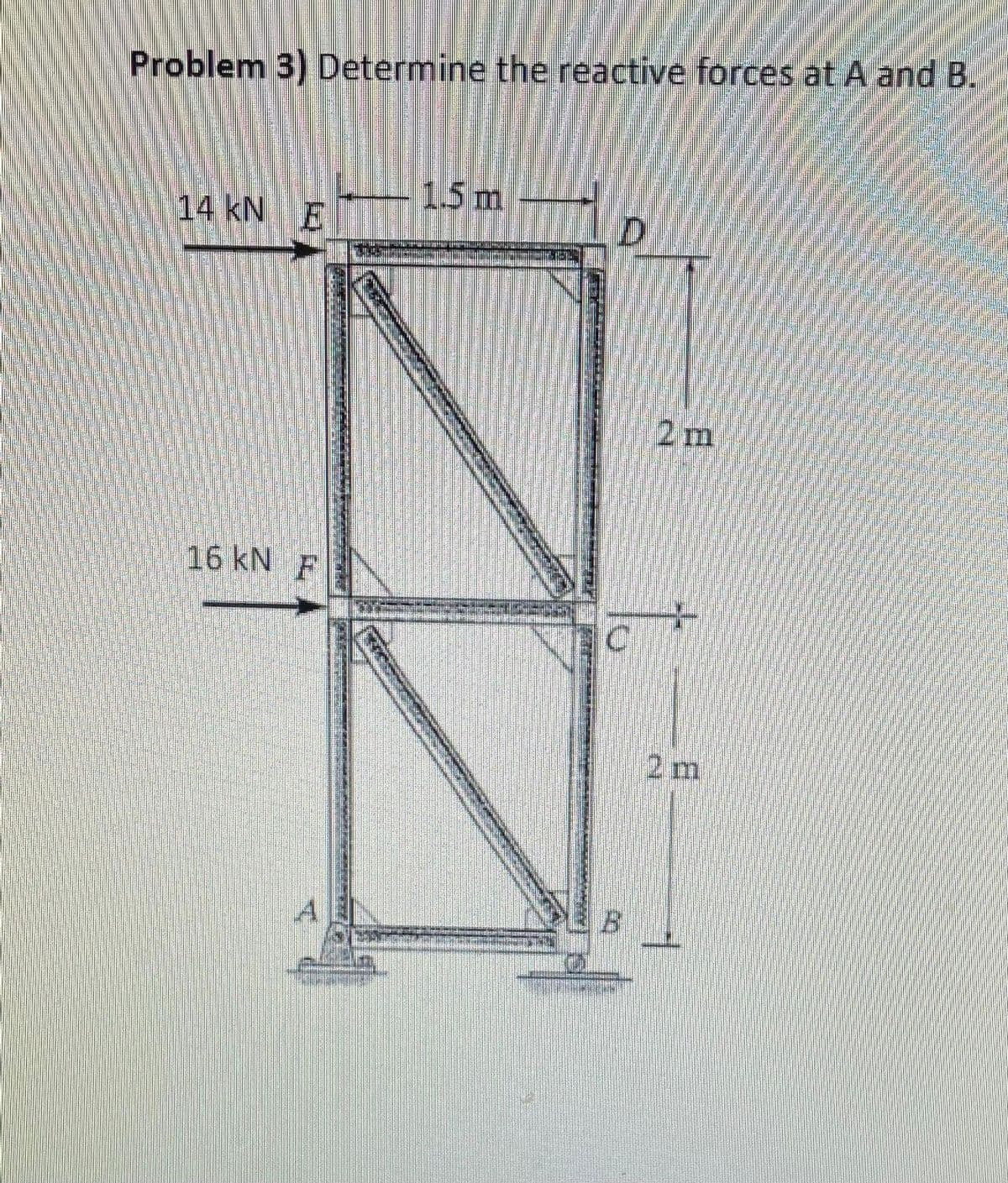 Problem 3) Determine the reactive forces at A and B.
-1.5m
14 kN E
2 m
16 kN F
2 m
