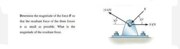 14 kN
Determine the magnitude of the force F so
that the resultant force of the three forces
30
8 KN
is as small as possible. What is the
magnitude of the resultant force.
