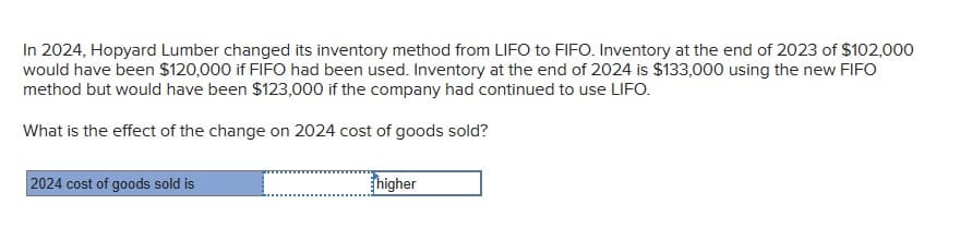 In 2024, Hopyard Lumber changed its inventory method from LIFO to FIFO. Inventory at the end of 2023 of $102,000
would have been $120,000 if FIFO had been used. Inventory at the end of 2024 is $133,000 using the new FIFO
method but would have been $123,000 if the company had continued to use LIFO.
What is the effect of the change on 2024 cost of goods sold?
2024 cost of goods sold is
higher