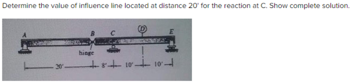 Determine the value of influence line located at distance 20' for the reaction at C. Show complete solution.
hinge
20
8-10 104
